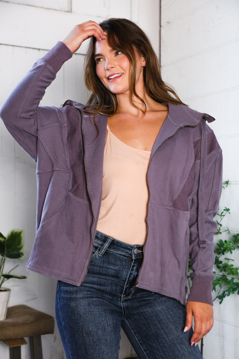 A Cozy Wanderer Dusty Velvet Zip Up Jacket